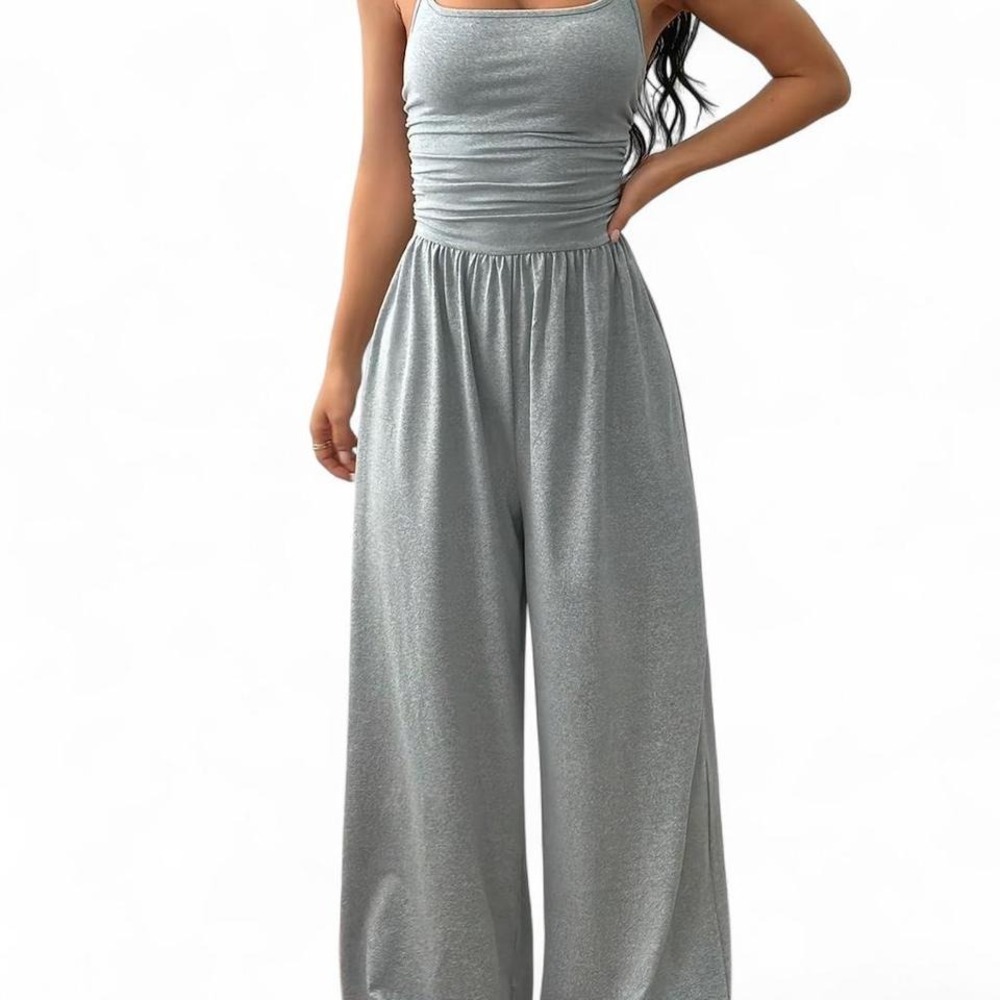 silver metallic jumpsuit with wide leg and ruched waist